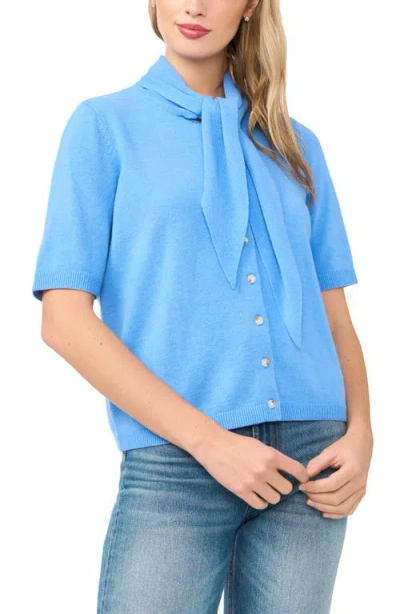 Cece Tie Neck Short Sleeve Cardigan In Blue