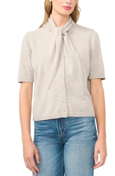 Cece Tie Neck Short Sleeve Cardigan In Gray