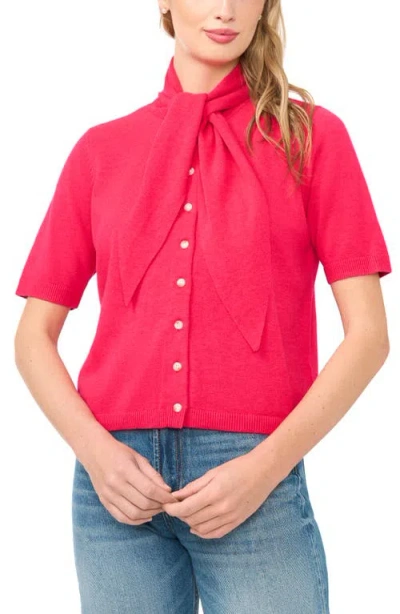 Cece Tie Neck Short Sleeve Cardigan In Red