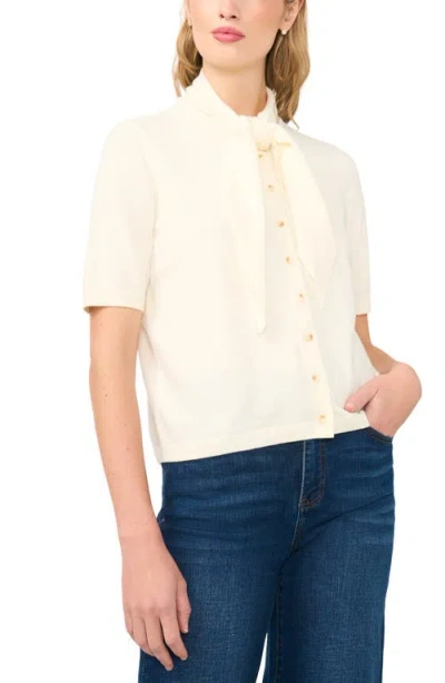 Cece Tie Neck Short Sleeve Cardigan In White