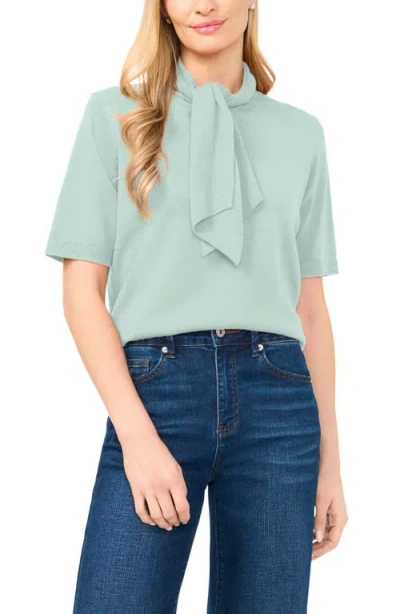 Cece Tie Neck Short Sleeve Cardigan In Green