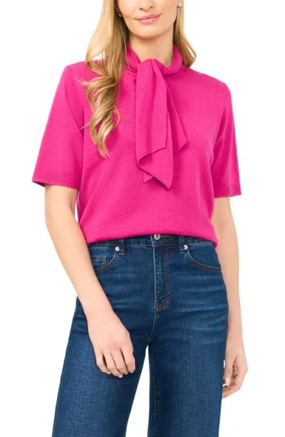 Cece Tie Neck Short Sleeve Sweater In Pink