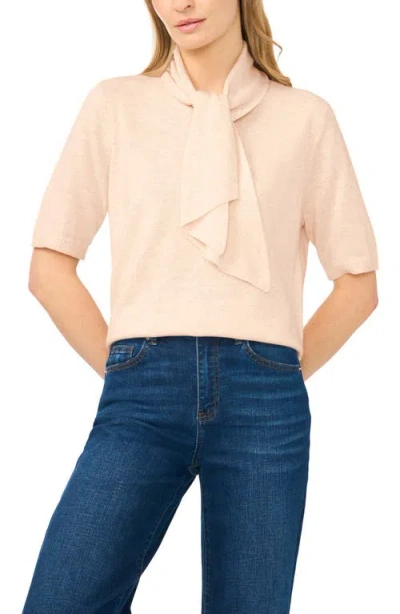 Cece Tie Neck Short Sleeve Sweater In Pink