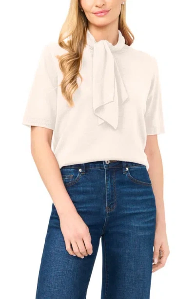 Cece Tie Neck Short Sleeve Sweater In White