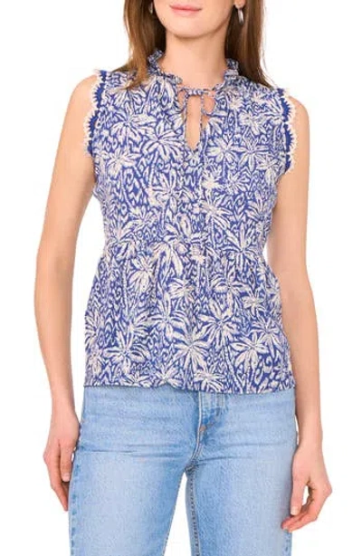 Cece Tie Neck Sleeveless Top In New Ivory/blue