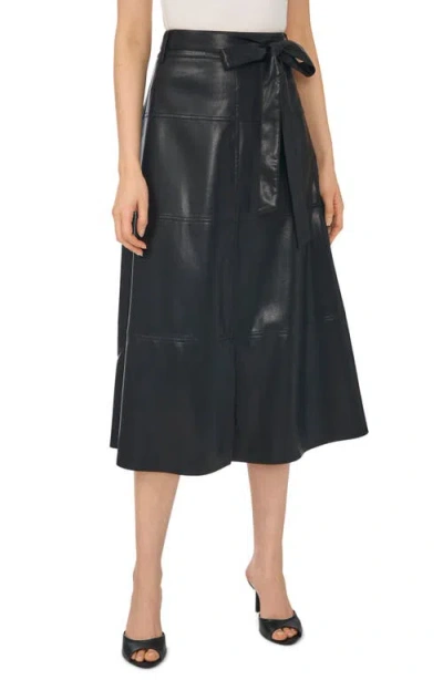 Cece Tie Waist Faux Leather Midi Skirt In Rich Black
