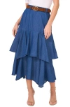 Cece Tiered Denim Midi Skirt In Mid Indigo