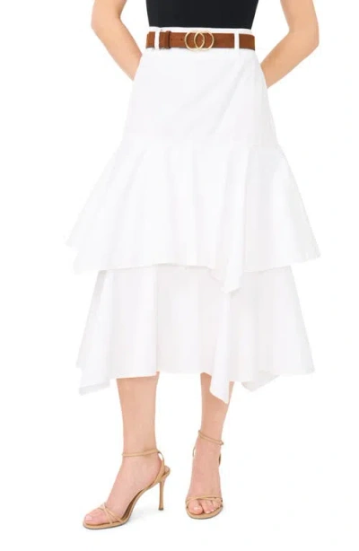 Cece Tiered Denim Midi Skirt With Brown Golden Buckle Belt In White