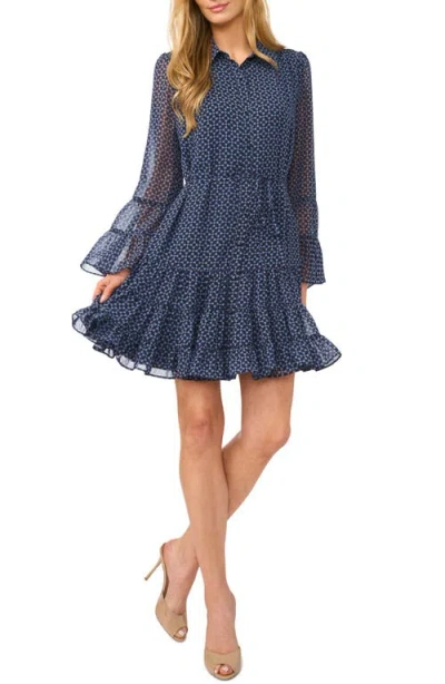 Cece Tiered Flounce Long Sleeve Dress In Blue