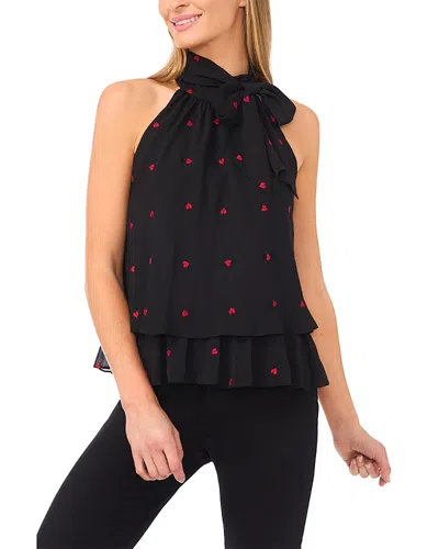 Cece Heart Embroidered Sleeveless Tie Neck Tiered Top In Black