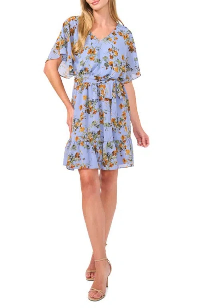 Cece Tiered Tie Waist Dress In Blue Blossom