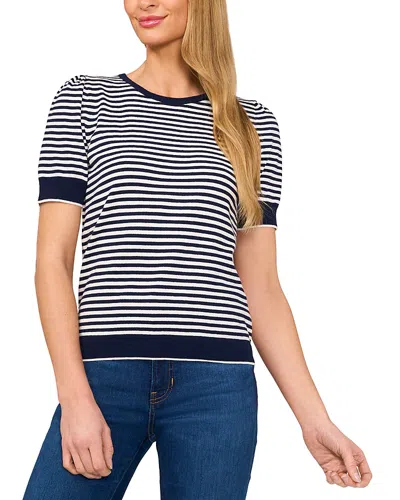 CECE CECE TIPPED PUFF SHORT SLEEVE STRIPED SWEATER