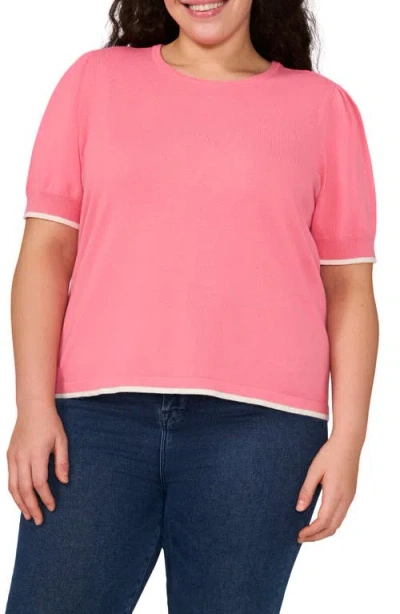 Cece Tipped Short Sleeve Cotton Sweater In Pink