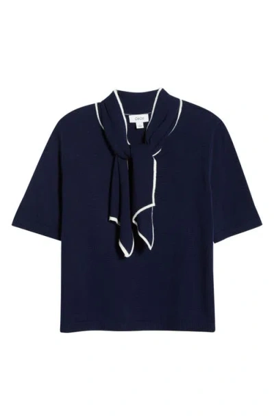 Cece Tipped Tie Neck Sweater In Blue