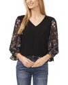 Cece Mixed Media Clip Dot Floral V-neck Top