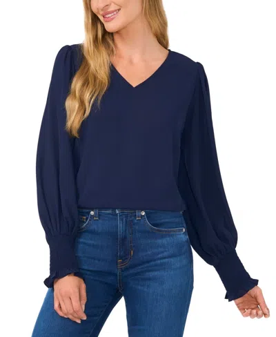 CECE CECE TOP WOMEN'S BLUE SMOCKED PUFF SLEEVE V-NECK BLOUSE PREPPY MODEST ERK1313