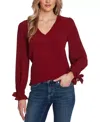 Cece Top Women's Claret Red Stretch Ballon Sleeve V-neck Blouse Party Fts1099 In Red