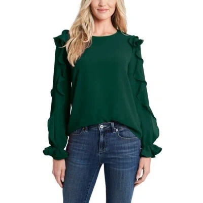 Cece Top Women's Large Green Stretch Ruffle Balloon Sleeve Blouse Preppy Vda276