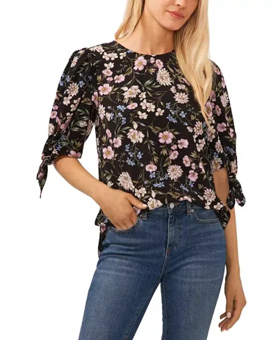 Cece Top Womens Black Floral Stretchtie-sleeve Blouse Cottage Fts1261