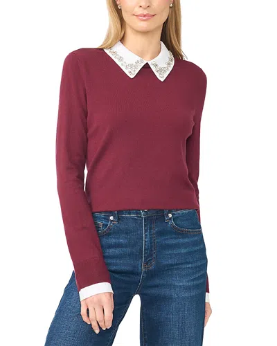 Cece Twofer Jewel Collar Sweater In Burgundy