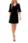 Cece V Neck Elbow Sleeve Velvet Minidress In Rich Black