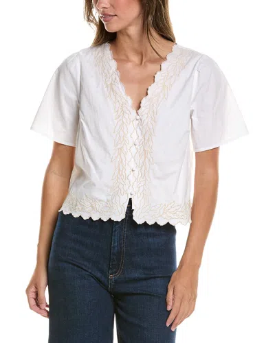 Cece V Neck Embroidered Buttoned Top In White