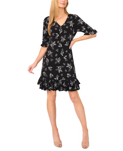 Cece V-neck Tiered Ruffles Shift Dress In Black