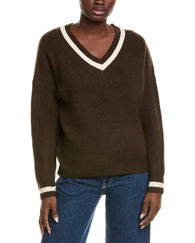 Cece V-neck Varsity Sweater In Brown