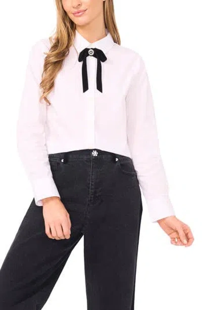 Cece Velvet Bow Crop Cotton Button-up Shirt In Multi