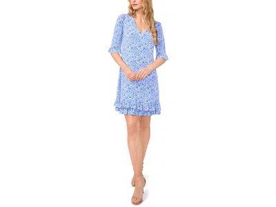 Cece V-neck Knit Dress With Ruffle Hem In Blue