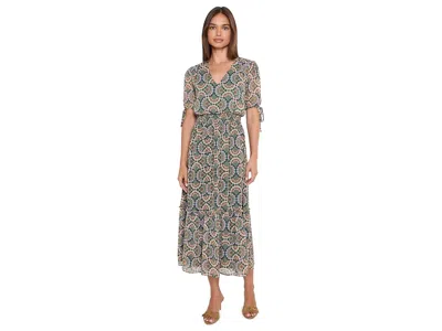 Cece V-neck Tie Sleeve Smocked Waist Midi Dress Women's Dress Forest Shadow: Lg, Polyester In Nude