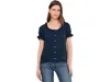 Cece Wide Ruffle Button Front Shirt In Blue