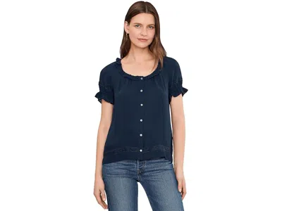 Cece Wide Ruffle Neck Button Front Top Women's Clothing Classic Navy: Lg In Blue