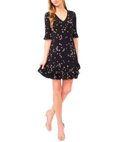 Cece Women's 3/4-length-sleeve Ruffle Hem V-neck Dress In Black