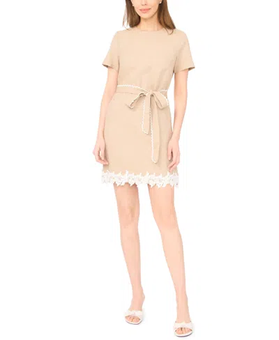 Cece Lace Trim A-line Minidress In Neutral