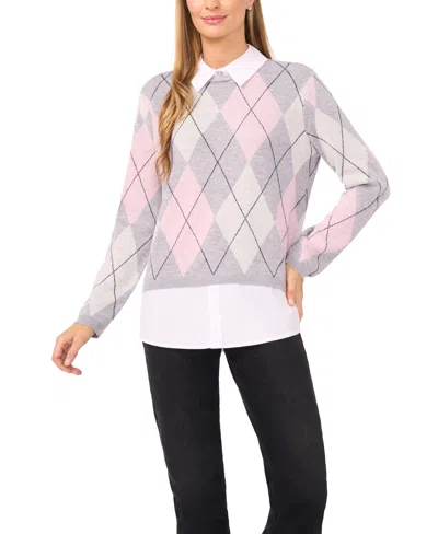 CECE WOMEN'S ARGYLE COLLARED LONG SLEEVE TWOFER SWEATER