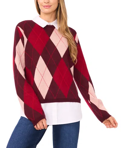 CECE WOMEN'S ARGYLE COLLARED LONG SLEEVE TWOFER SWEATER