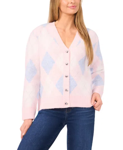 Cece Heart Button Argyle Cardigan In Pink
