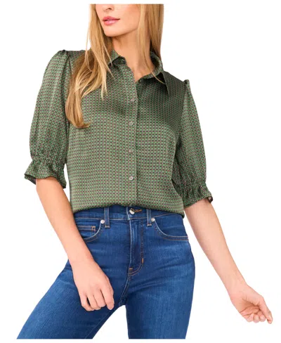 Cece Women's Balloon Short Sleeves Button Down Shirt In Green