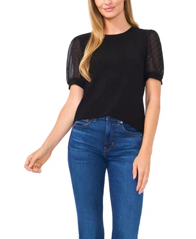 Cece Women's Bejeweled Mixed Media Puff Sleeve Top In Rich Black