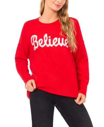 Cece Women's Believe Script Long-sleeve Cozy Sweater In Red