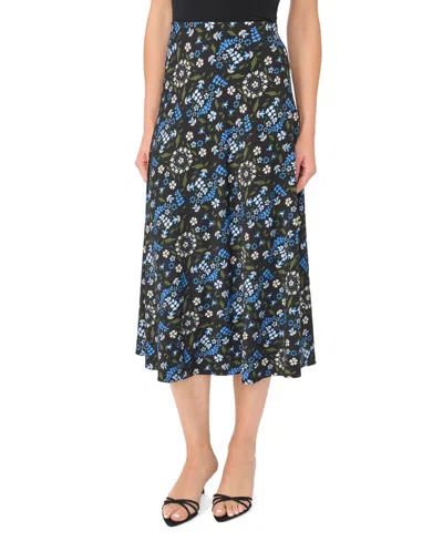 Cece Women's Bias High-waisted A-line Floral Midi Skirt In Black