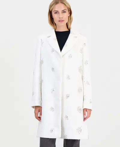 Cece Women's Boucle-sequin Mid-length Coat In White
