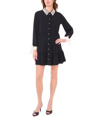 Cece Women's Bow Collared Long-sleeve Short Dress In Black