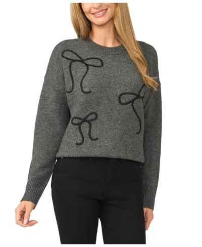 Cece Women's Bow Embroidery Long-sleeve Crewneck Sweater In Medium Heather Grey