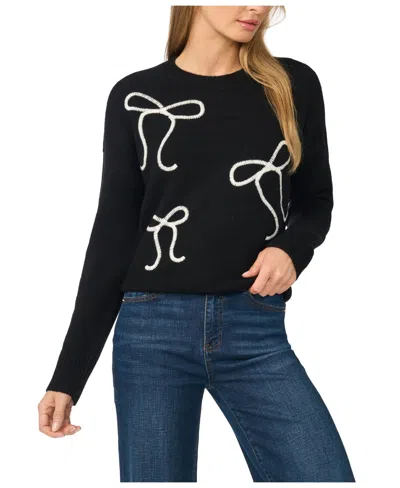 Cece Women's Bow Embroidery Long-sleeve Crewneck Sweater In Black