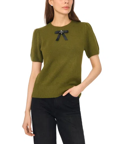 Cece Bow Detail Short Sleeve Sweater In Green