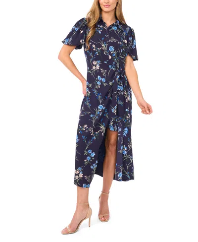 Cece Floral Print Puff Sleeve Tie Waist Midi Dress In Blue