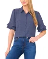 Cece Women's Button Up Collared Elbow Ruffle Sleeve Top In Blue