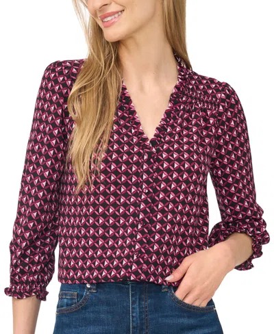 Cece Women's Button-detail V-neck 3/4-sleeve Blouse In Burgundy